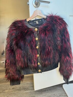 Balmain H&M Bordeaux & Black Faux Fur Gold Button Jacket sz 4